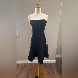 White House Black Market Strapless Black Dress with White Embroidery